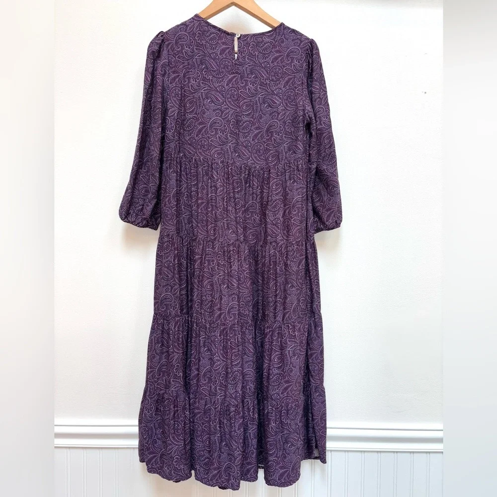 J. Jill Paisley Print Tiered Midi Dress Long Sleeve Cottagecore Boho Plum XS